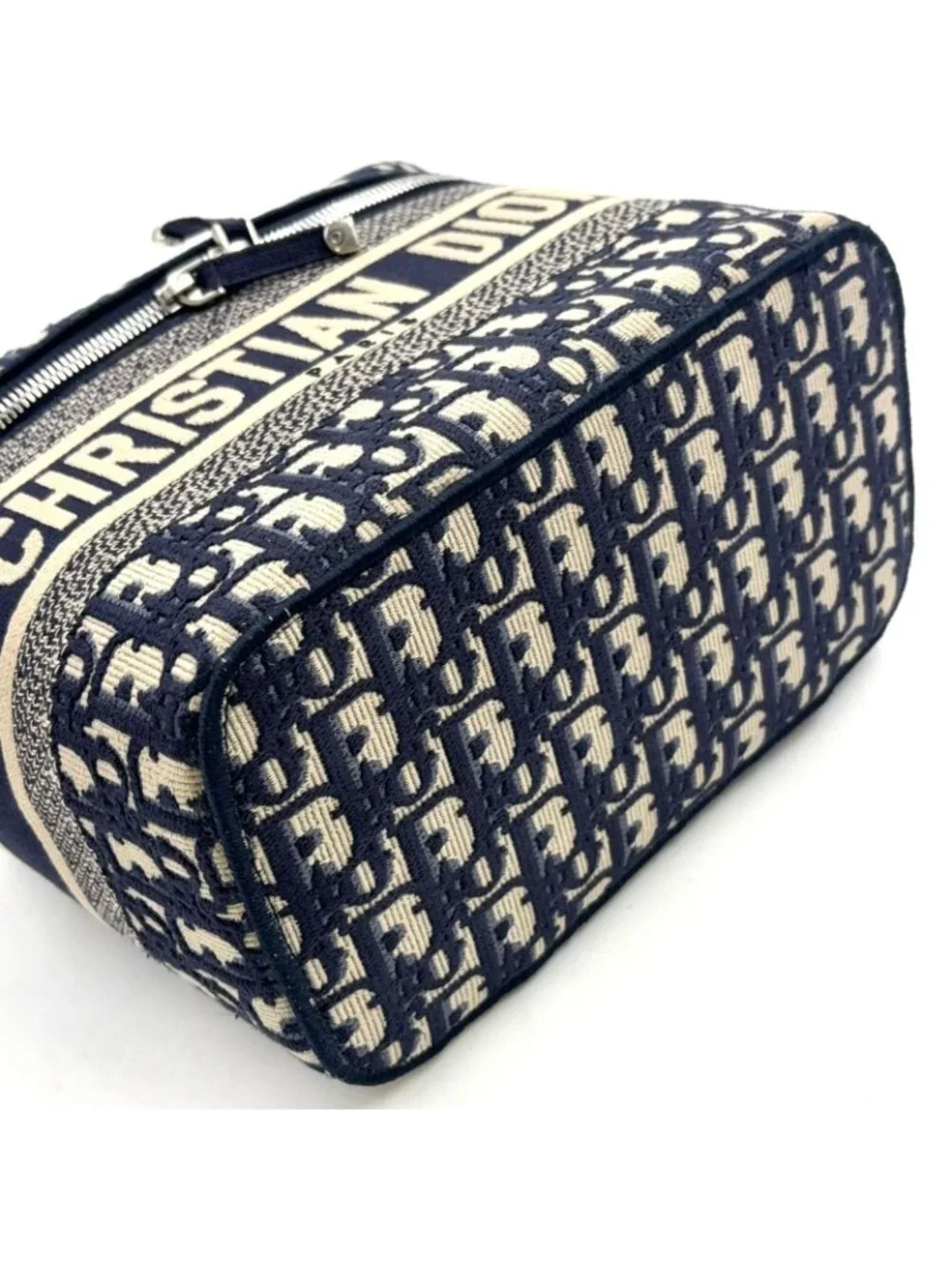Dior Travel Vanity Cotton Off White Navy Handbag Silver